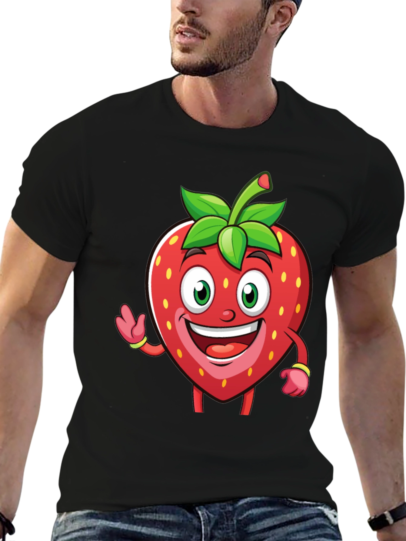 Funny Strawberry Cartoon T-Shirt - Black