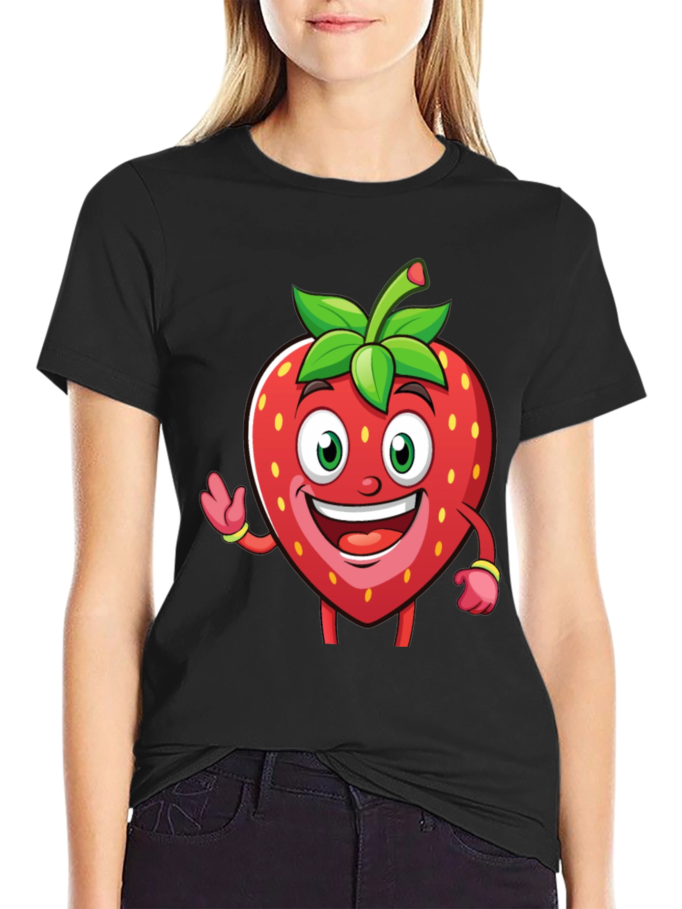 Funny Strawberry Cartoon T-Shirt - Black