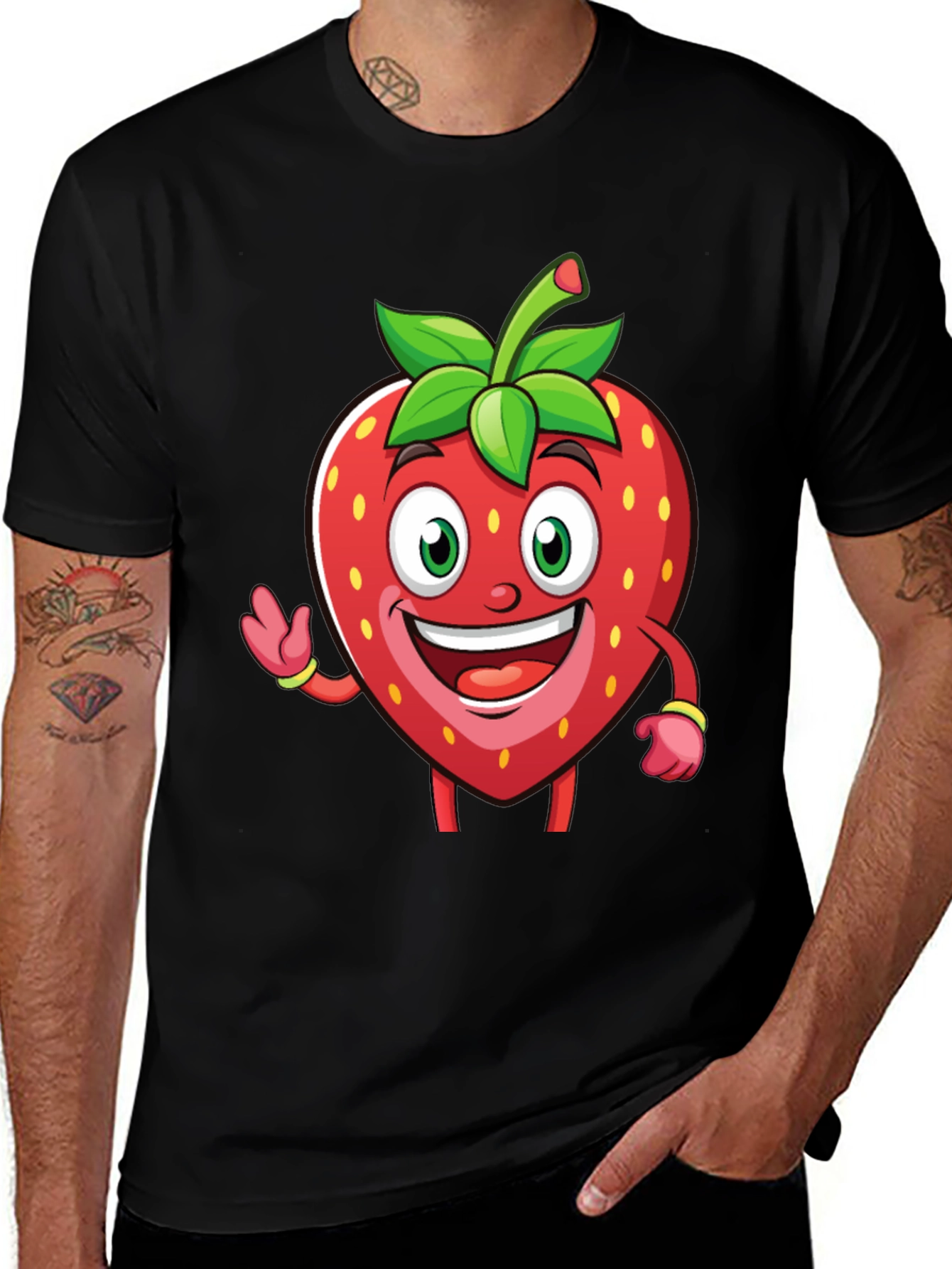 Funny Strawberry Cartoon T-Shirt - Black