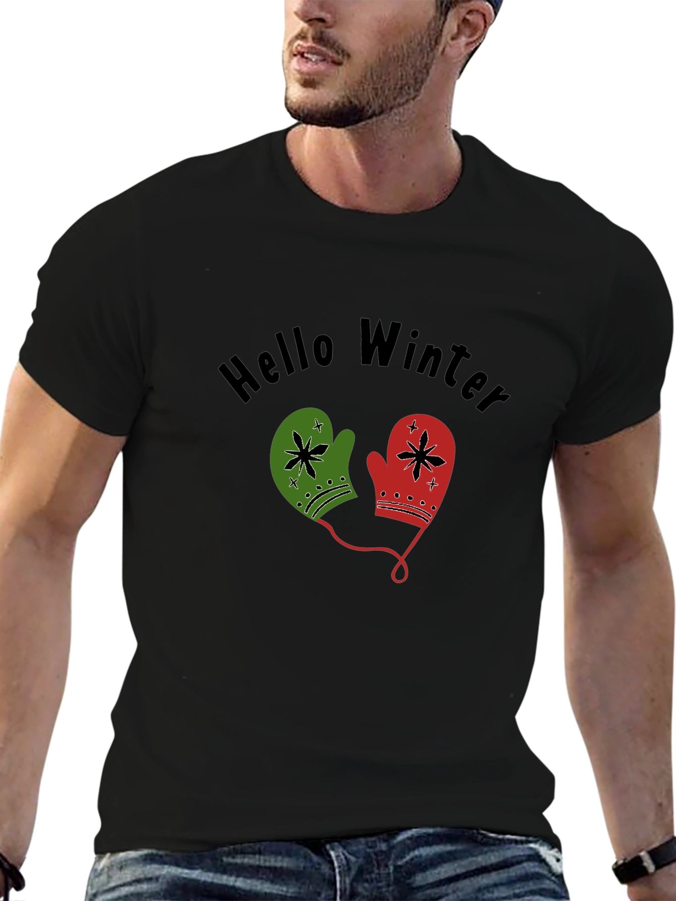 Hello Winter Mittens Graphic Tee - Cozy Holiday Shirt