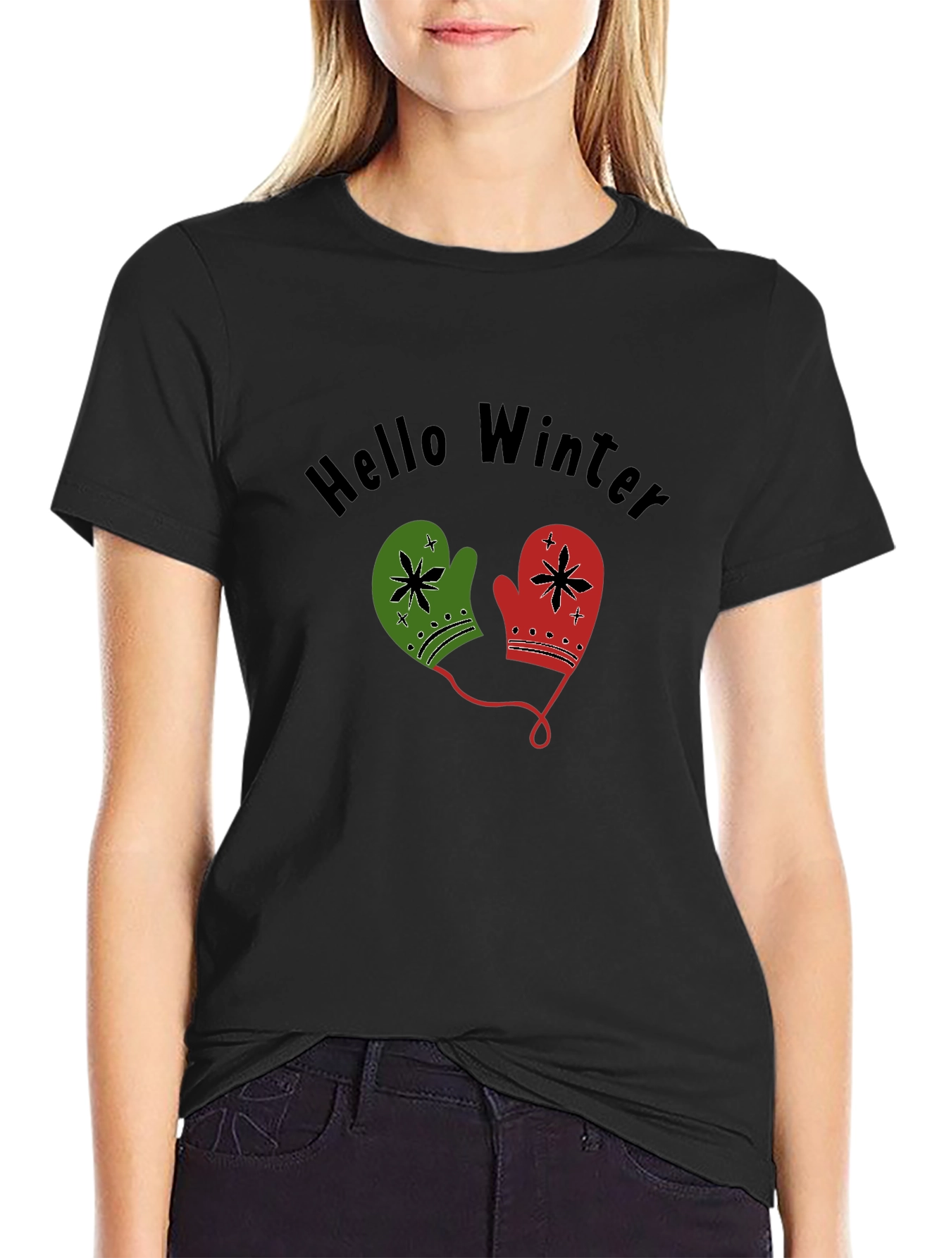 Hello Winter Mittens Graphic Tee - Cozy Holiday Shirt