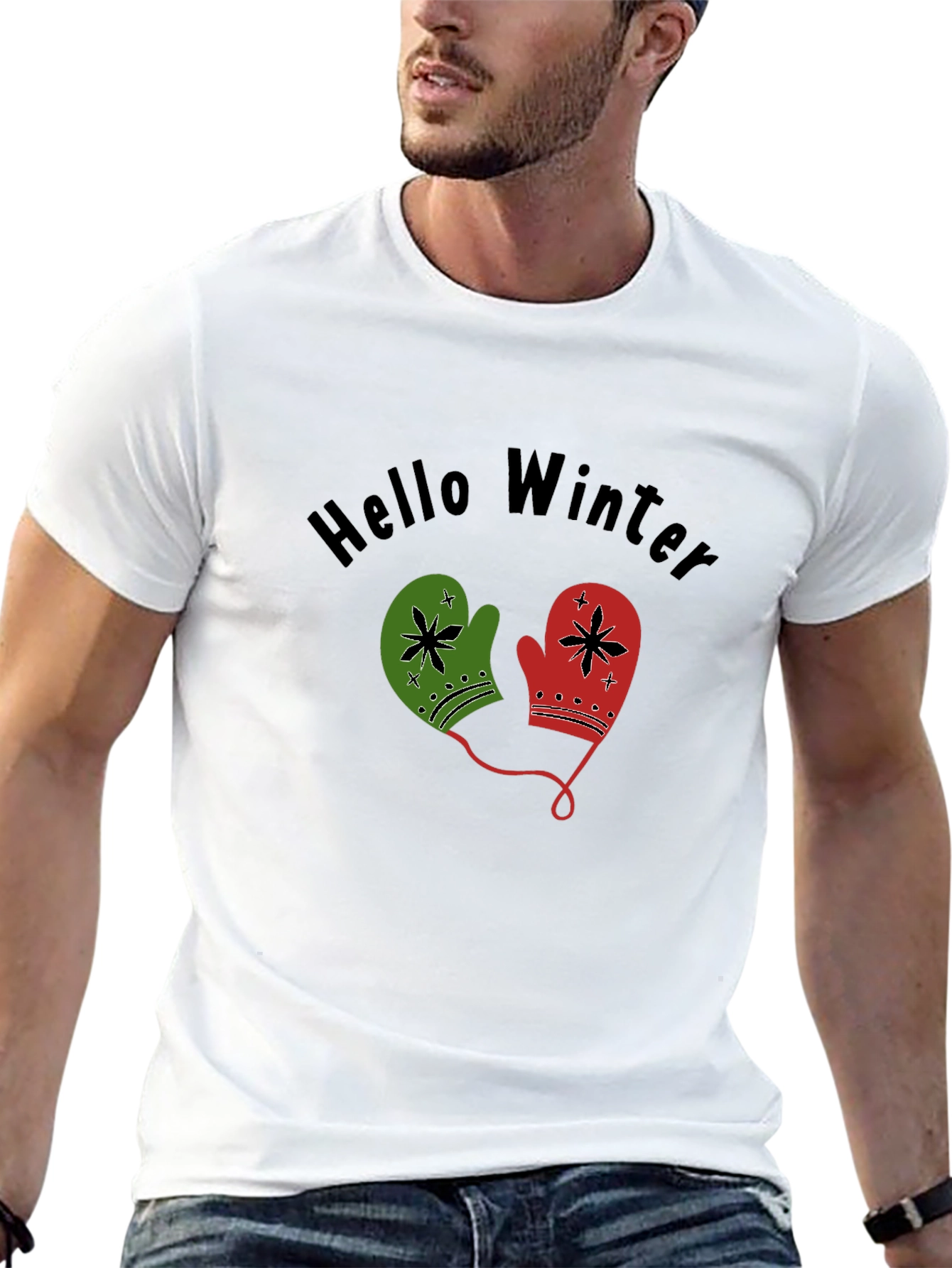 Hello Winter Mittens Graphic Tee - Cozy Holiday Shirt
