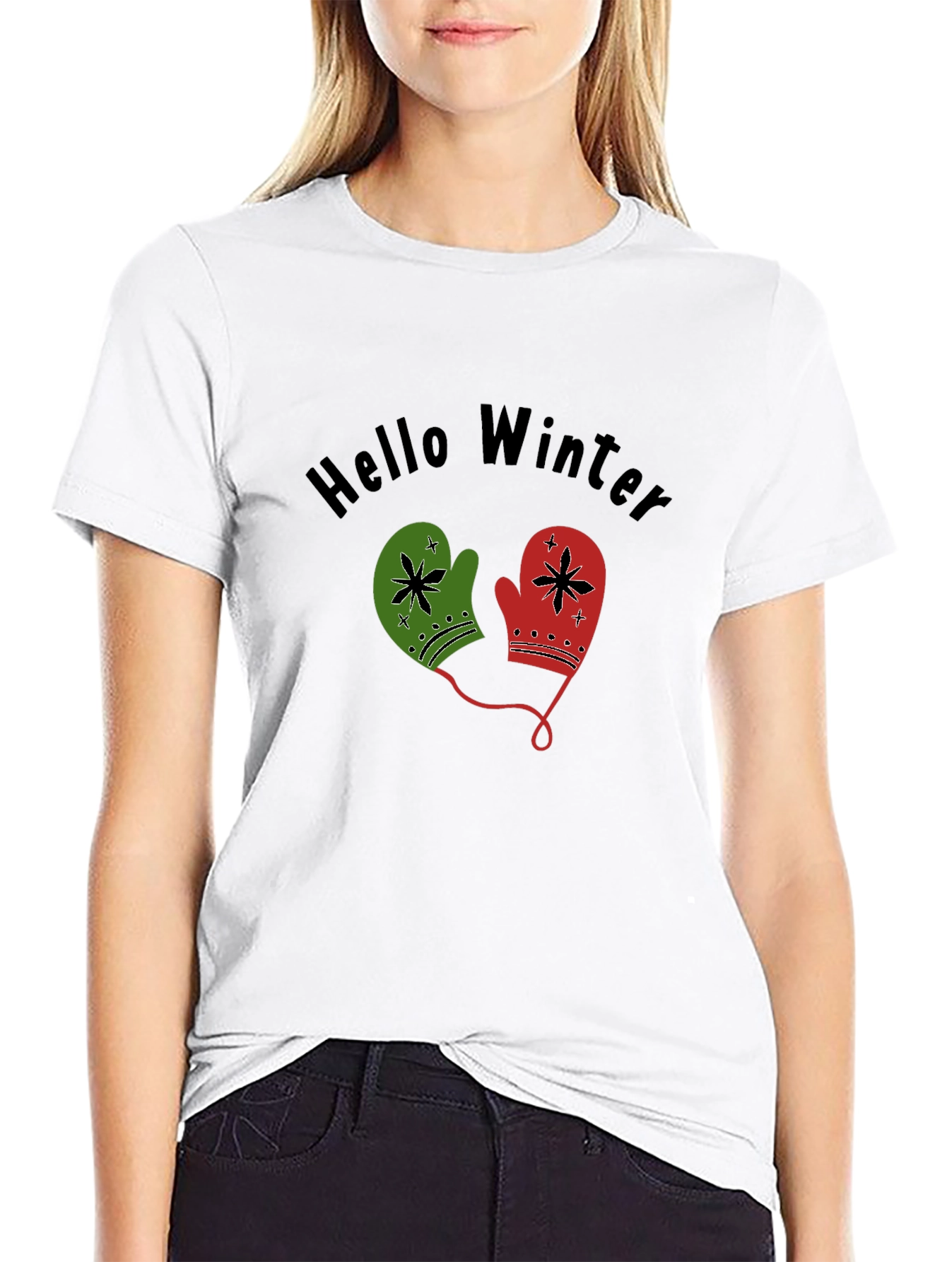 Hello Winter Mittens Graphic Tee - Cozy Holiday Shirt