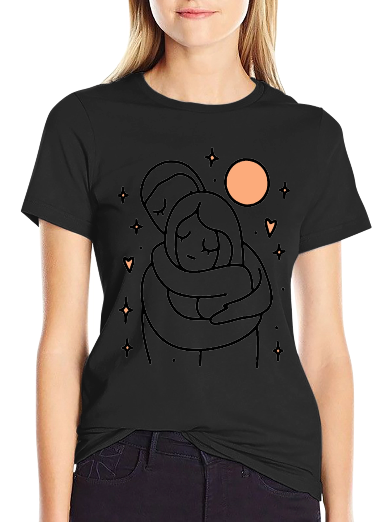 Couple Hug Graphic T-Shirt - Soft Black Cotton Blend