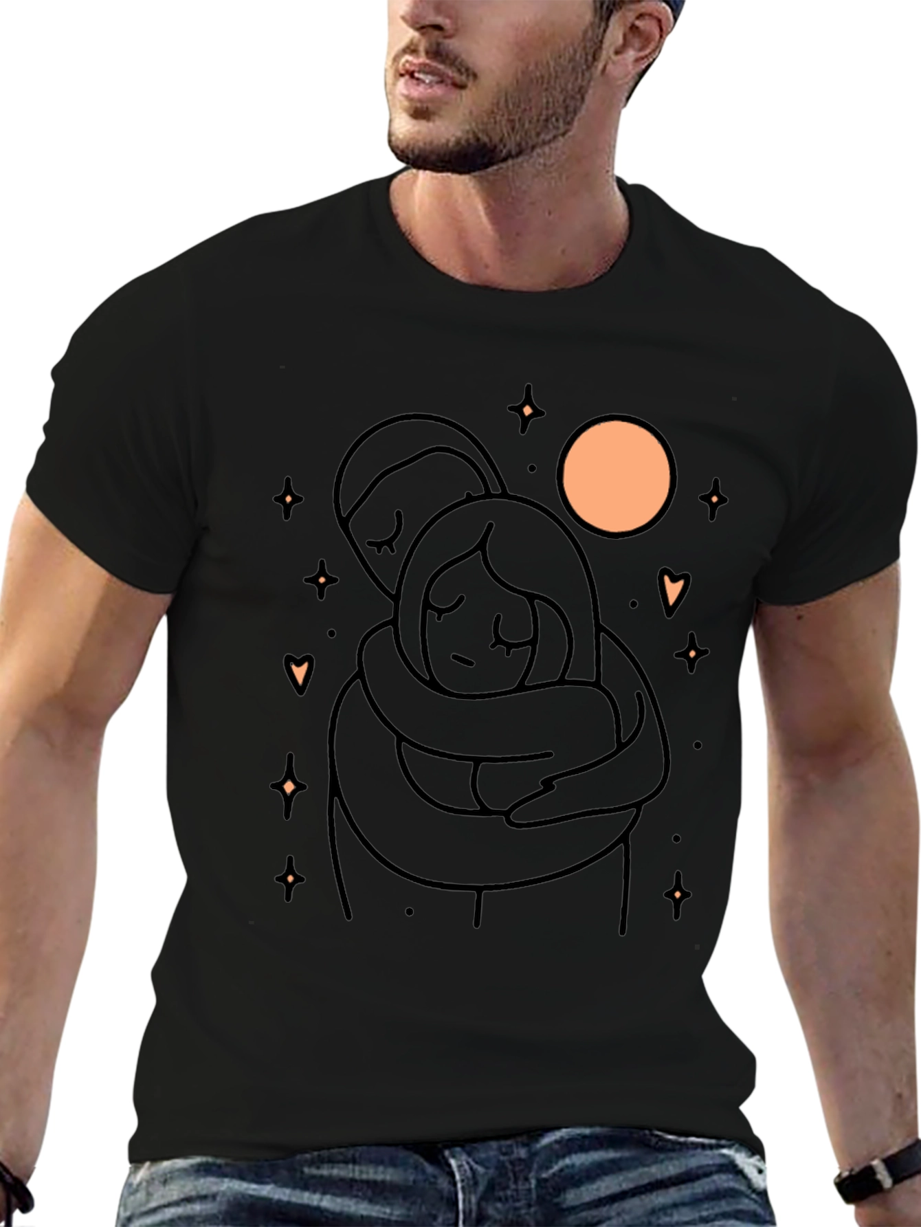 Couple Hug Graphic T-Shirt - Soft Black Cotton Blend