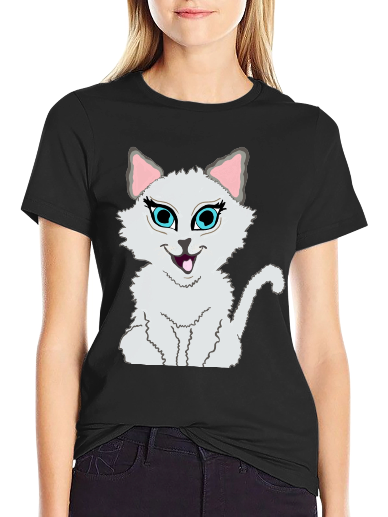 Cartoon Cat Graphic Tee - Stylish Black T-Shirt