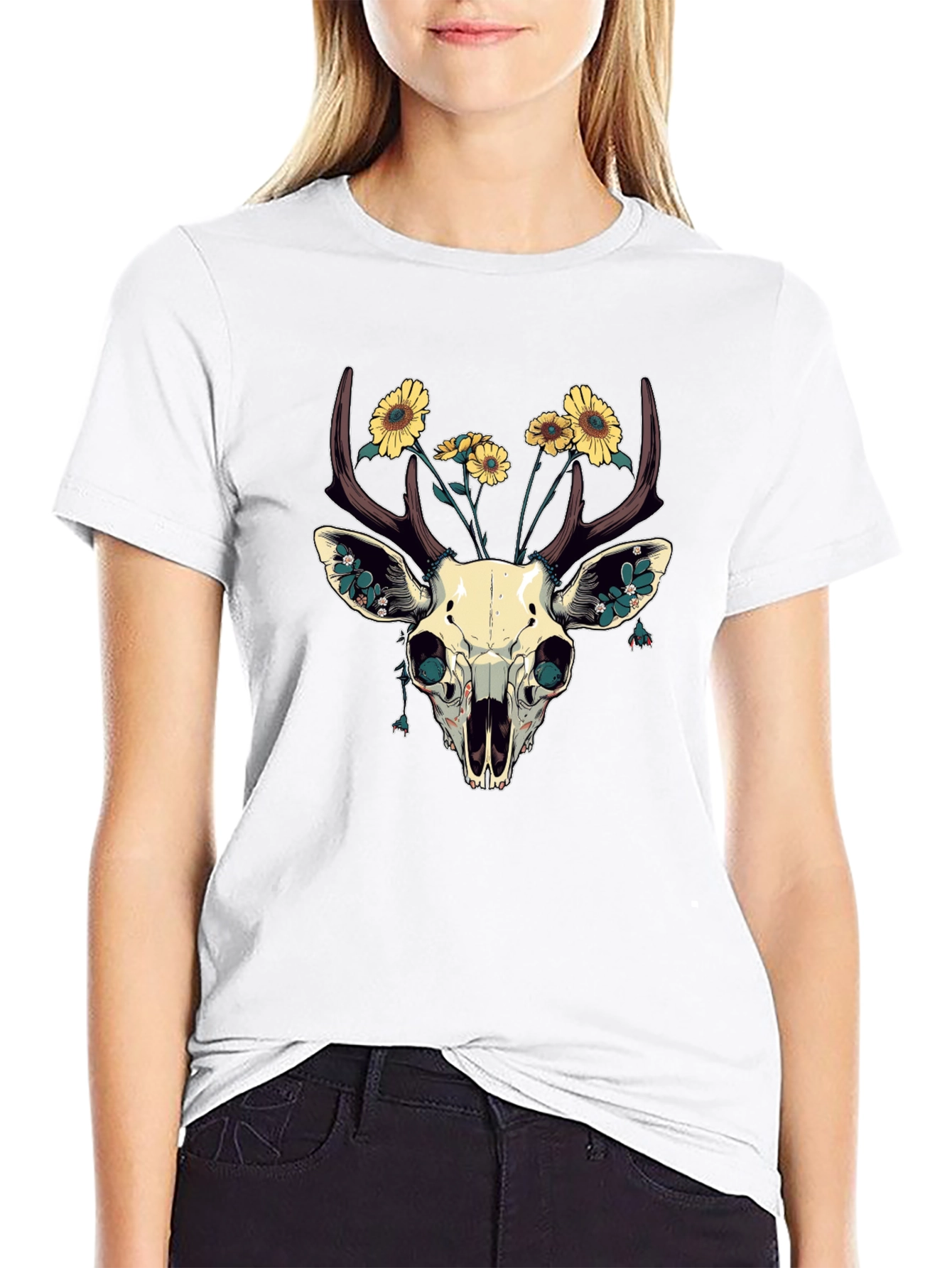 Deer Skull & Sunflower Graphic T-Shirt