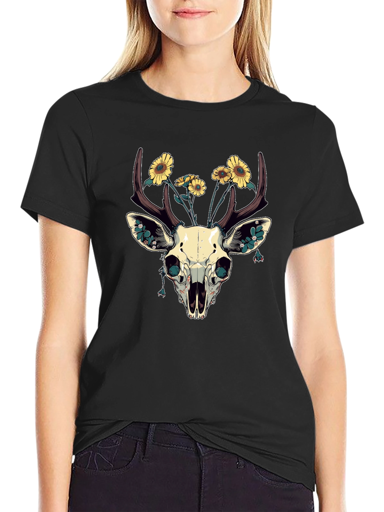 Deer Skull & Sunflower Graphic T-Shirt