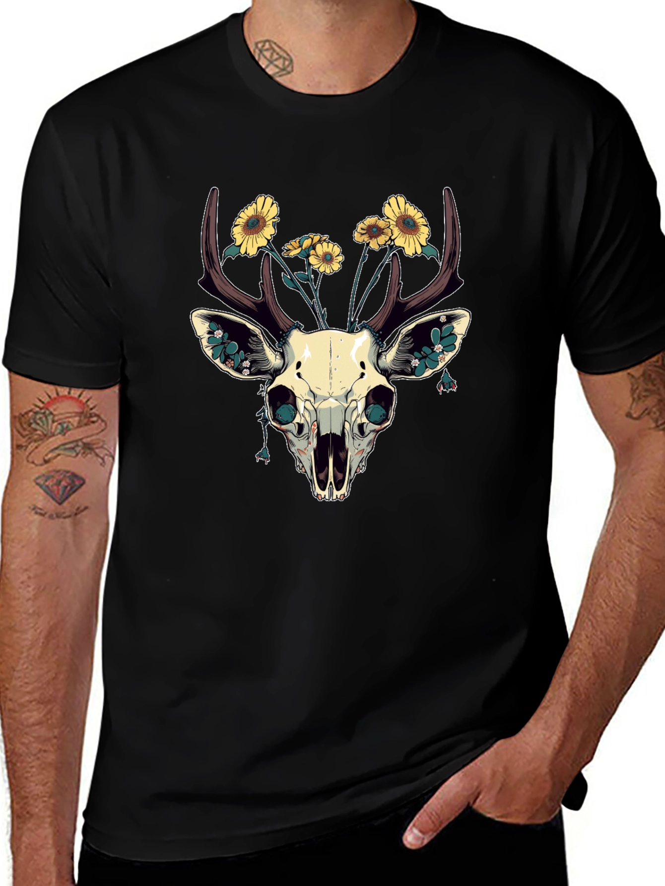 Deer Skull & Sunflower Graphic T-Shirt
