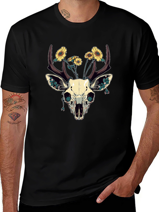 Deer Skull & Sunflower Graphic T-Shirt