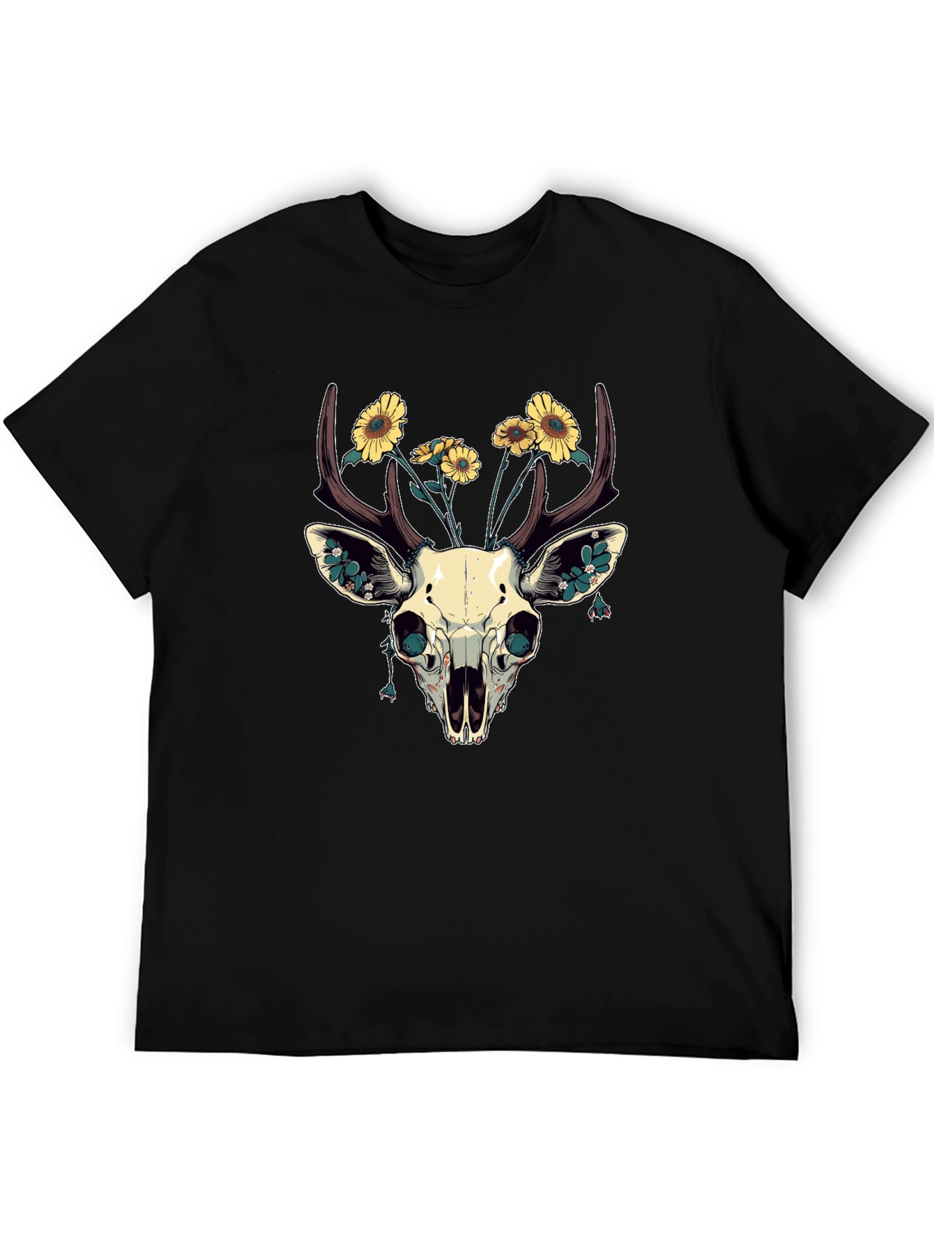 Deer Skull & Sunflower Graphic T-Shirt