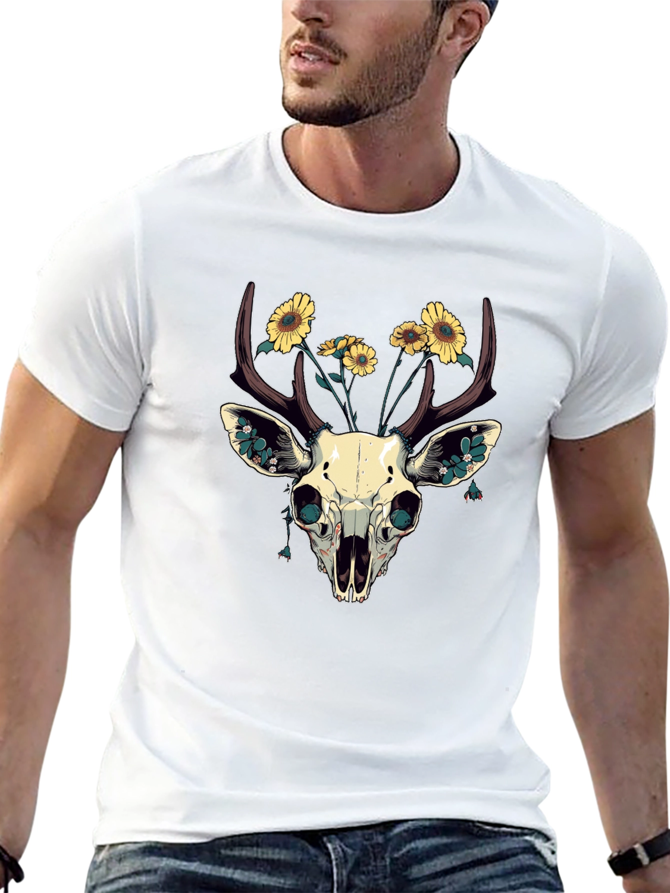 Deer Skull & Sunflower Graphic T-Shirt