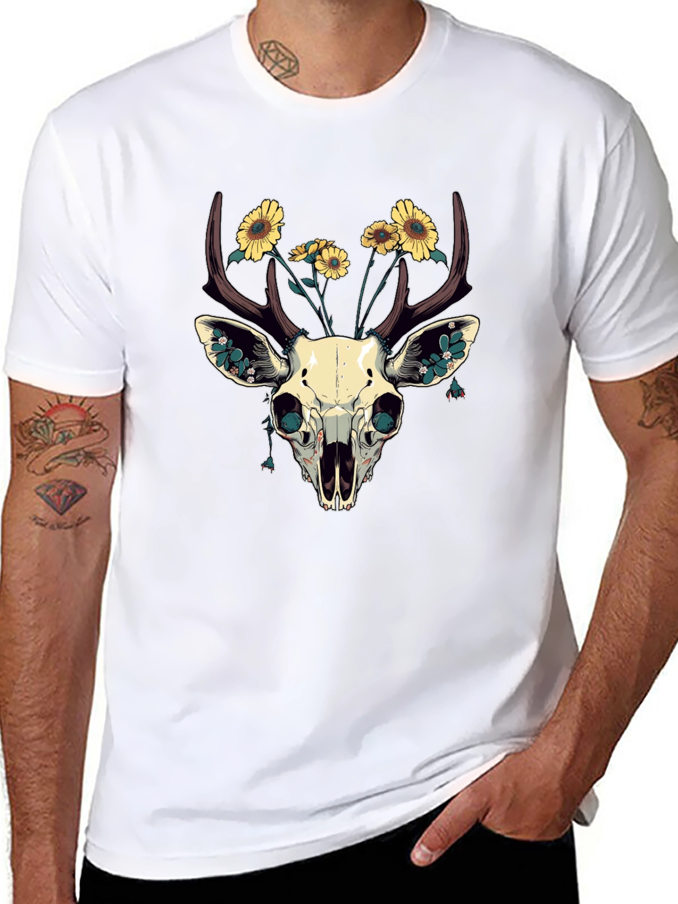 Deer Skull & Sunflower Graphic T-Shirt