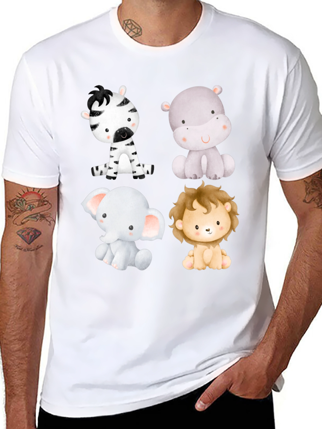 Cute Animal Print T-Shirt - Zebra Hippo Elephant Lion