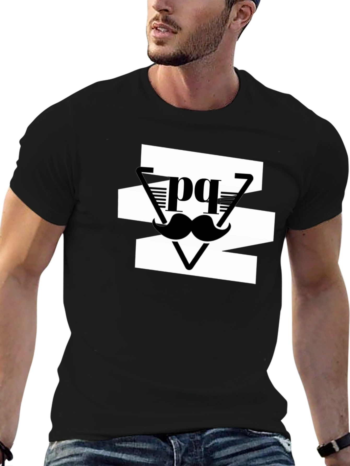 Stylish Mens Black Graphic Tee - Mustache Design