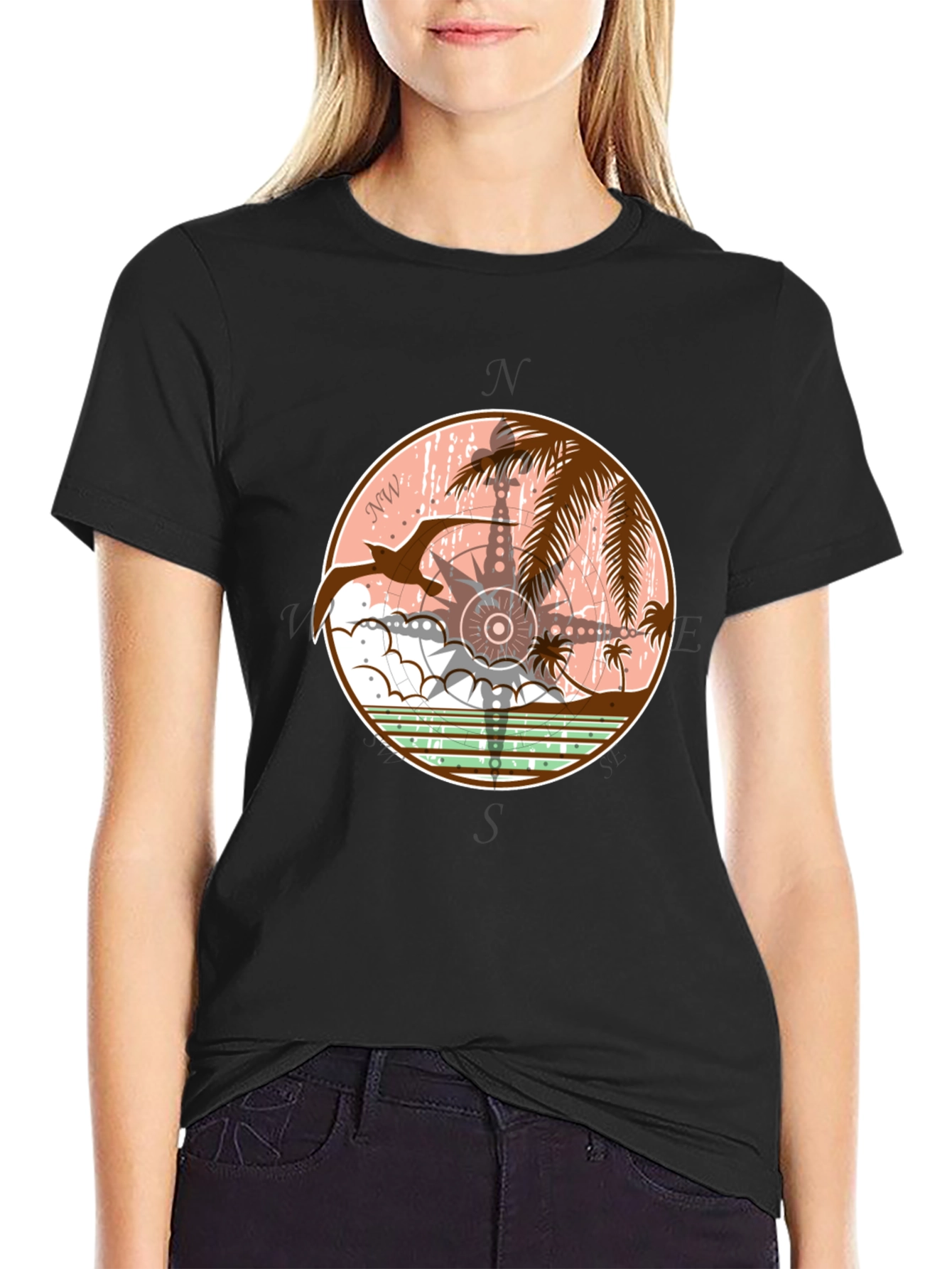 Tropical Compass Graphic T-Shirt - Black