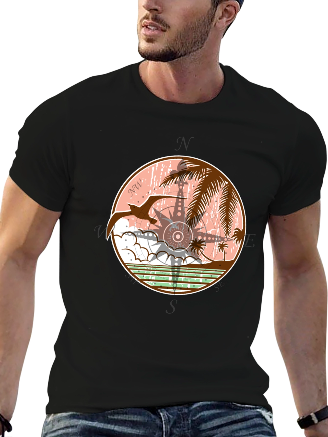 Tropical Compass Graphic T-Shirt - Black