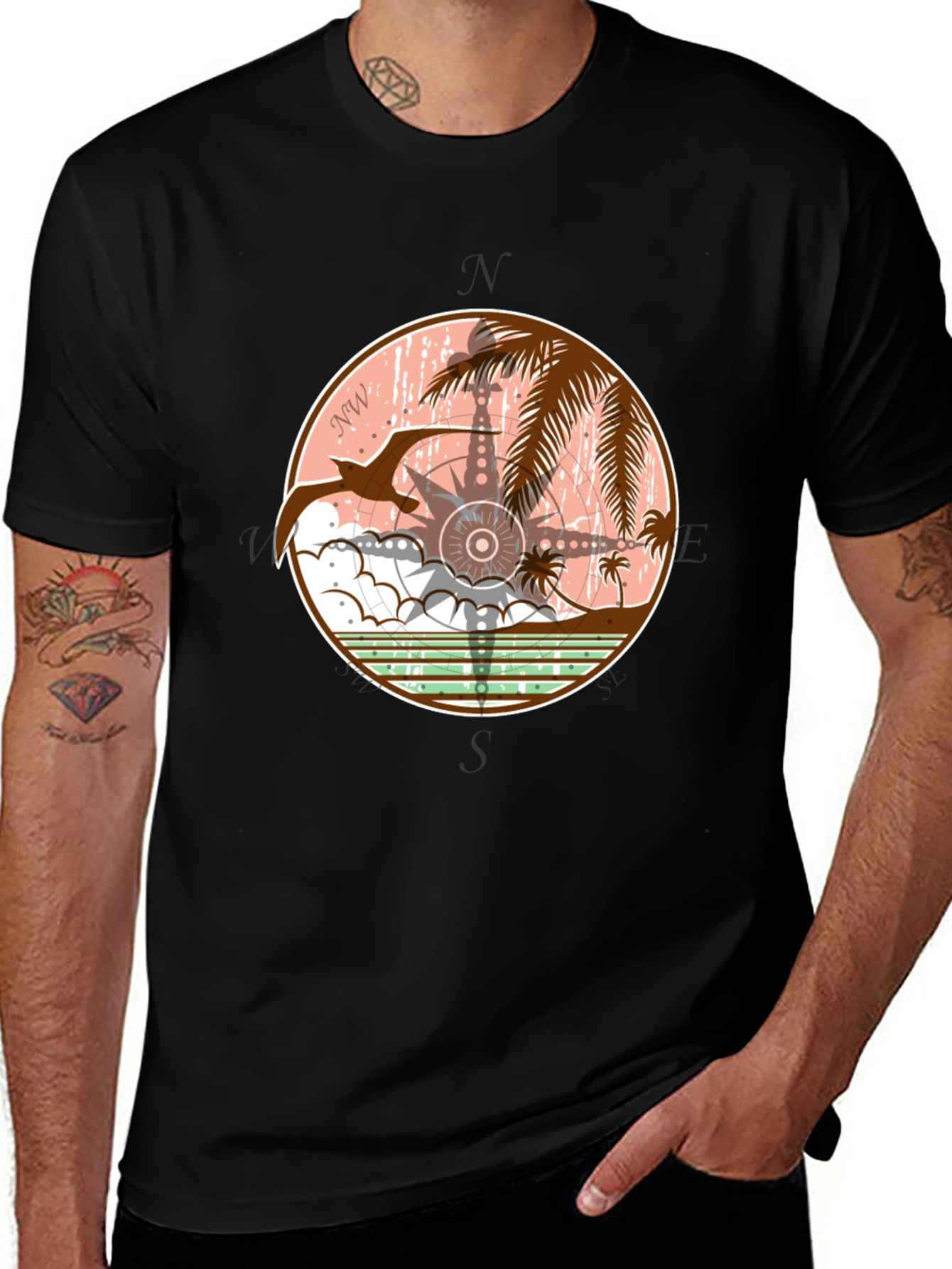 Tropical Compass Graphic T-Shirt - Black