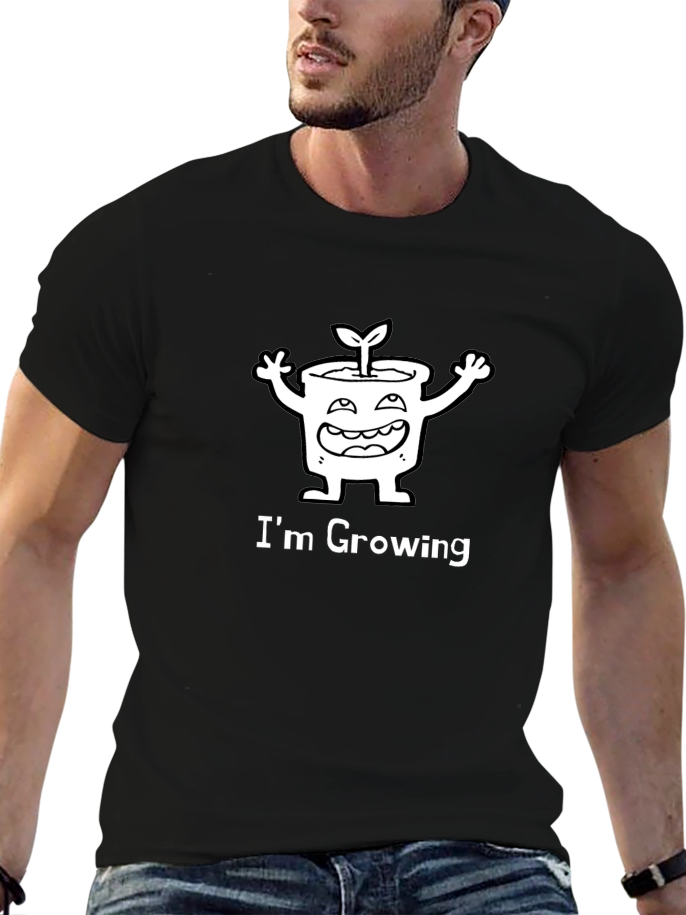 Im Growing Cartoon Plant Graphic Tee - Black