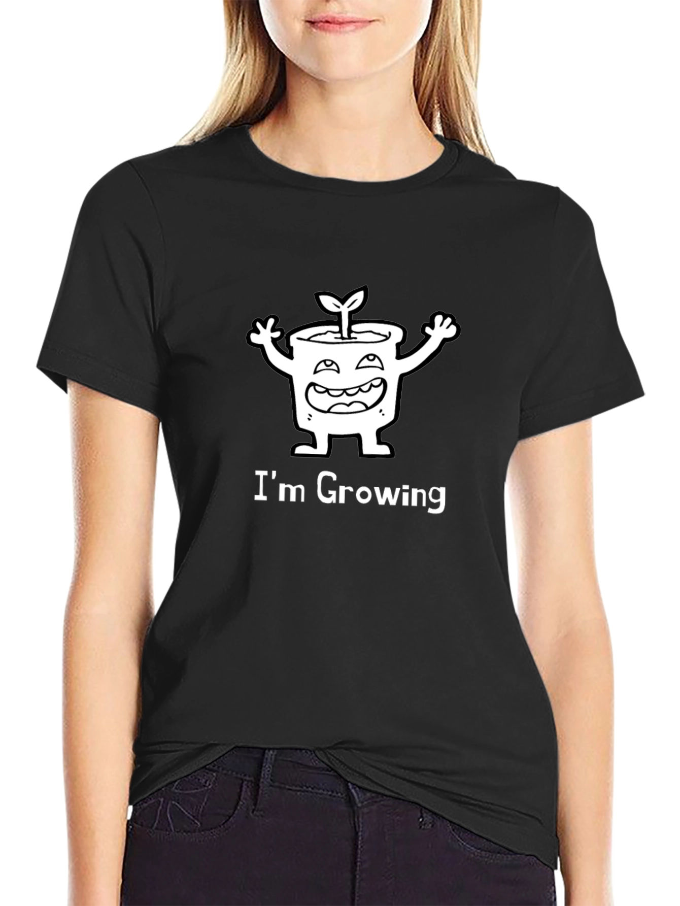 Im Growing Cartoon Plant Graphic Tee - Black