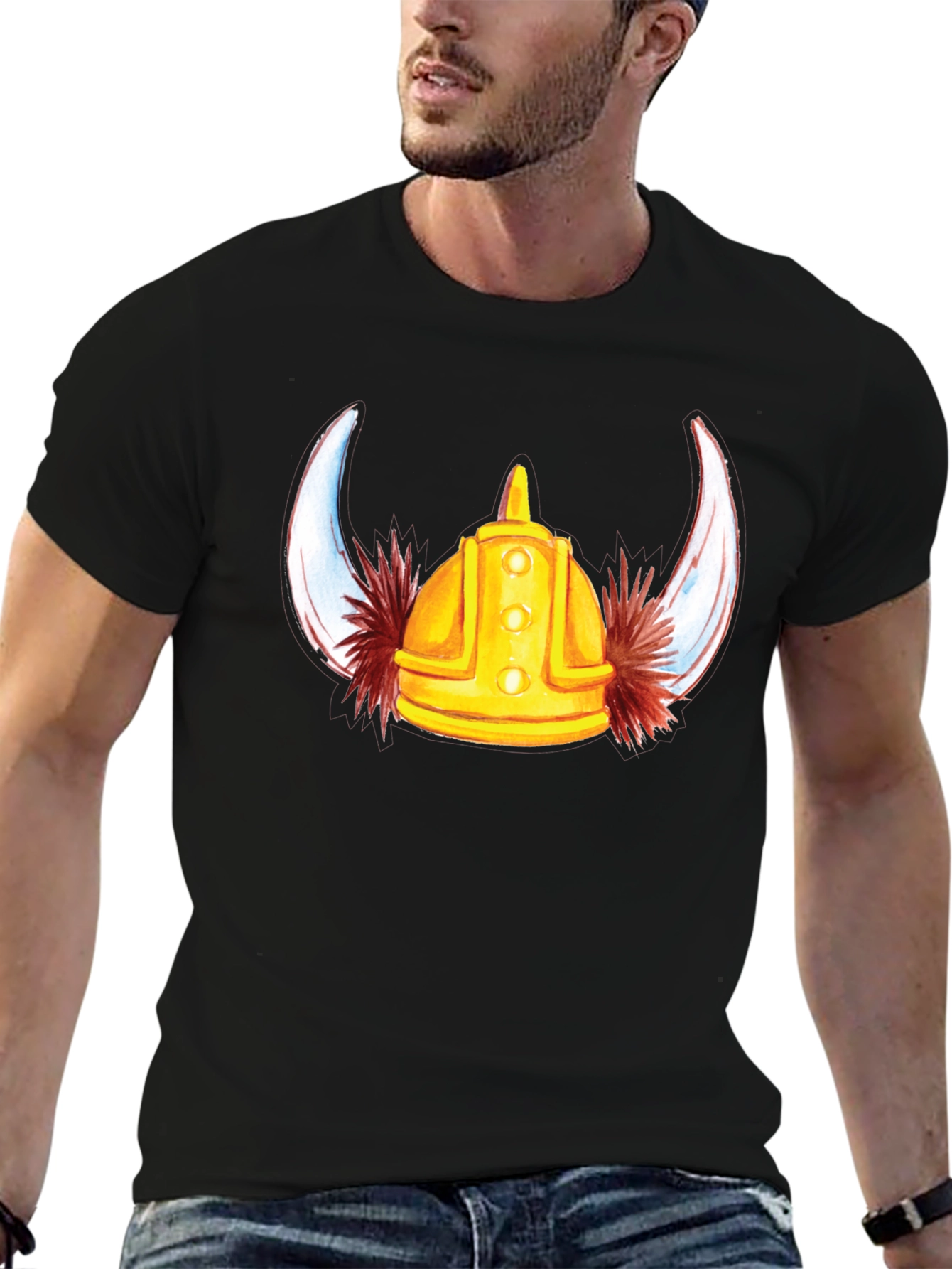 Viking Helmet Graphic Tee - Black Cotton T-Shirt