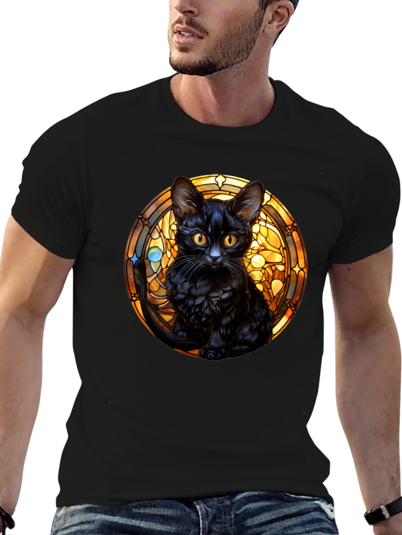 Black Cat Stained Glass Graphic Tee