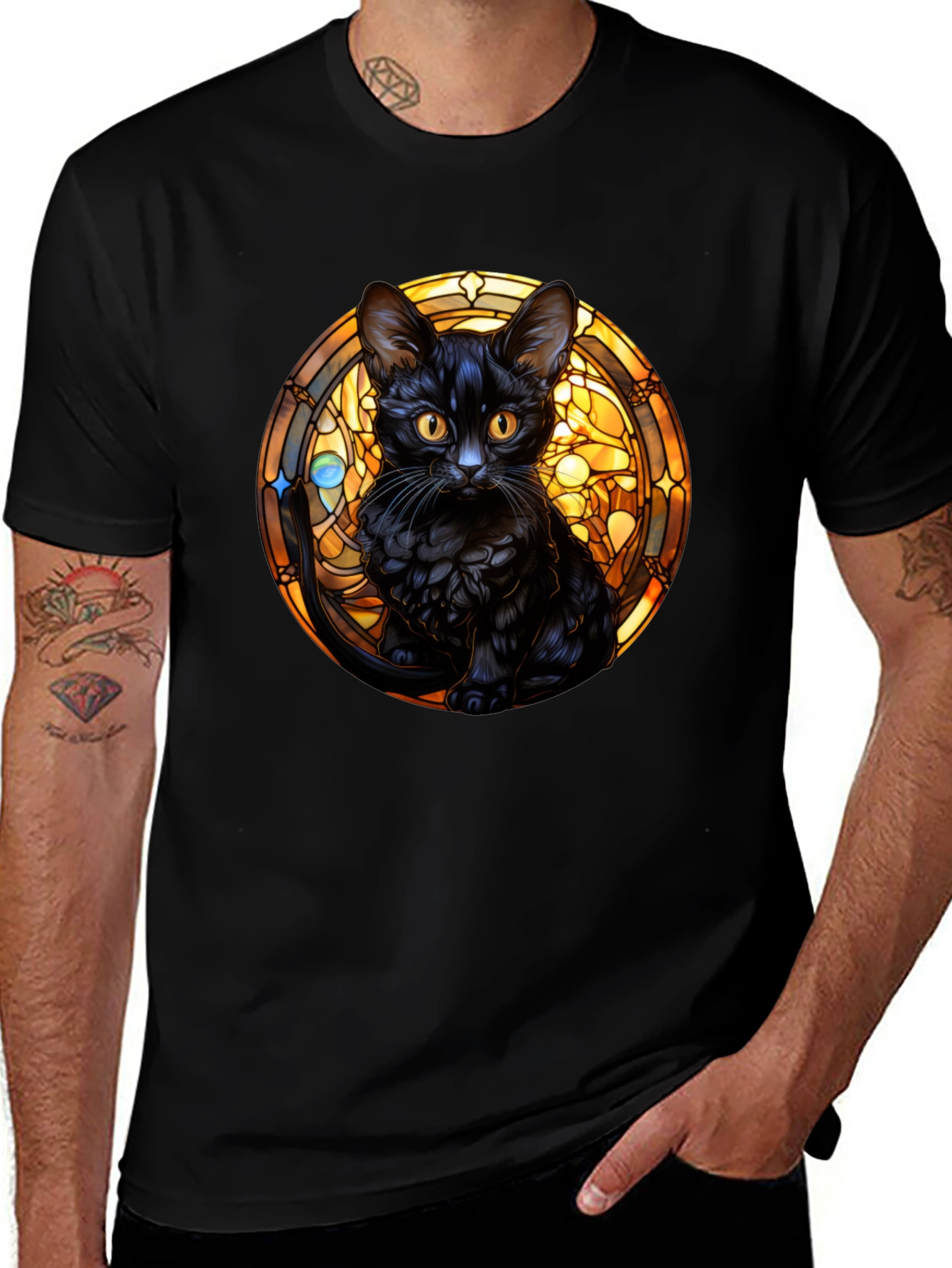 Black Cat Stained Glass Graphic Tee