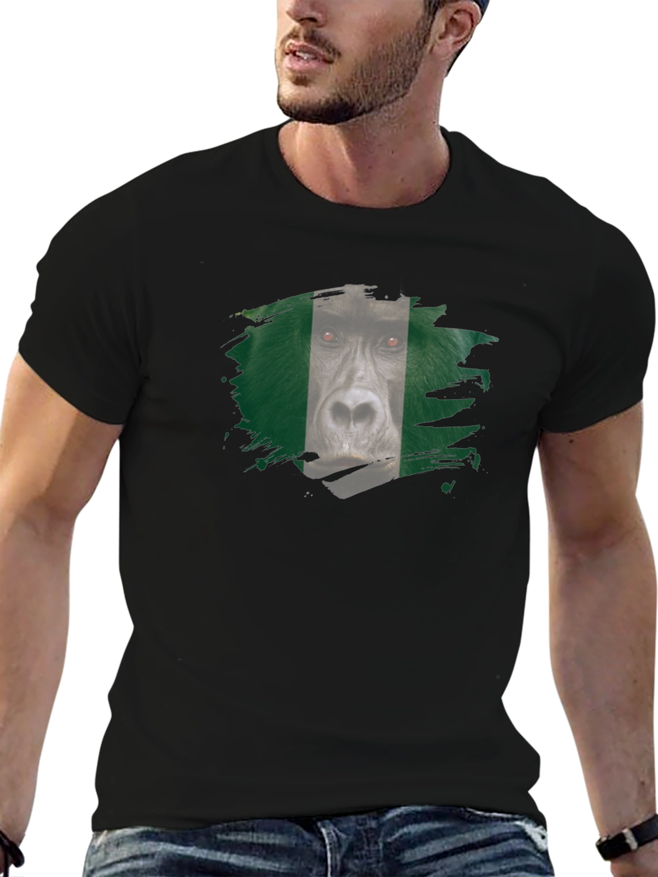 Gorilla Nigeria Flag Graphic Black T-Shirt