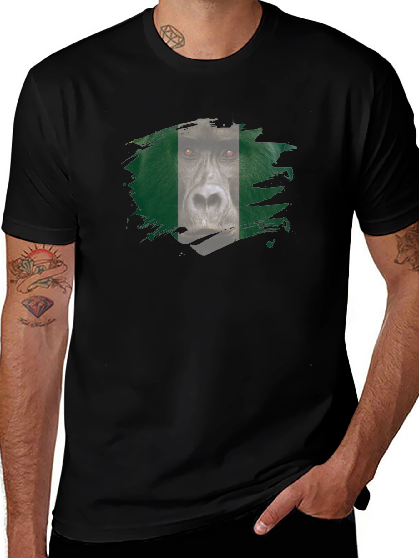 Gorilla Nigeria Flag Graphic Black T-Shirt