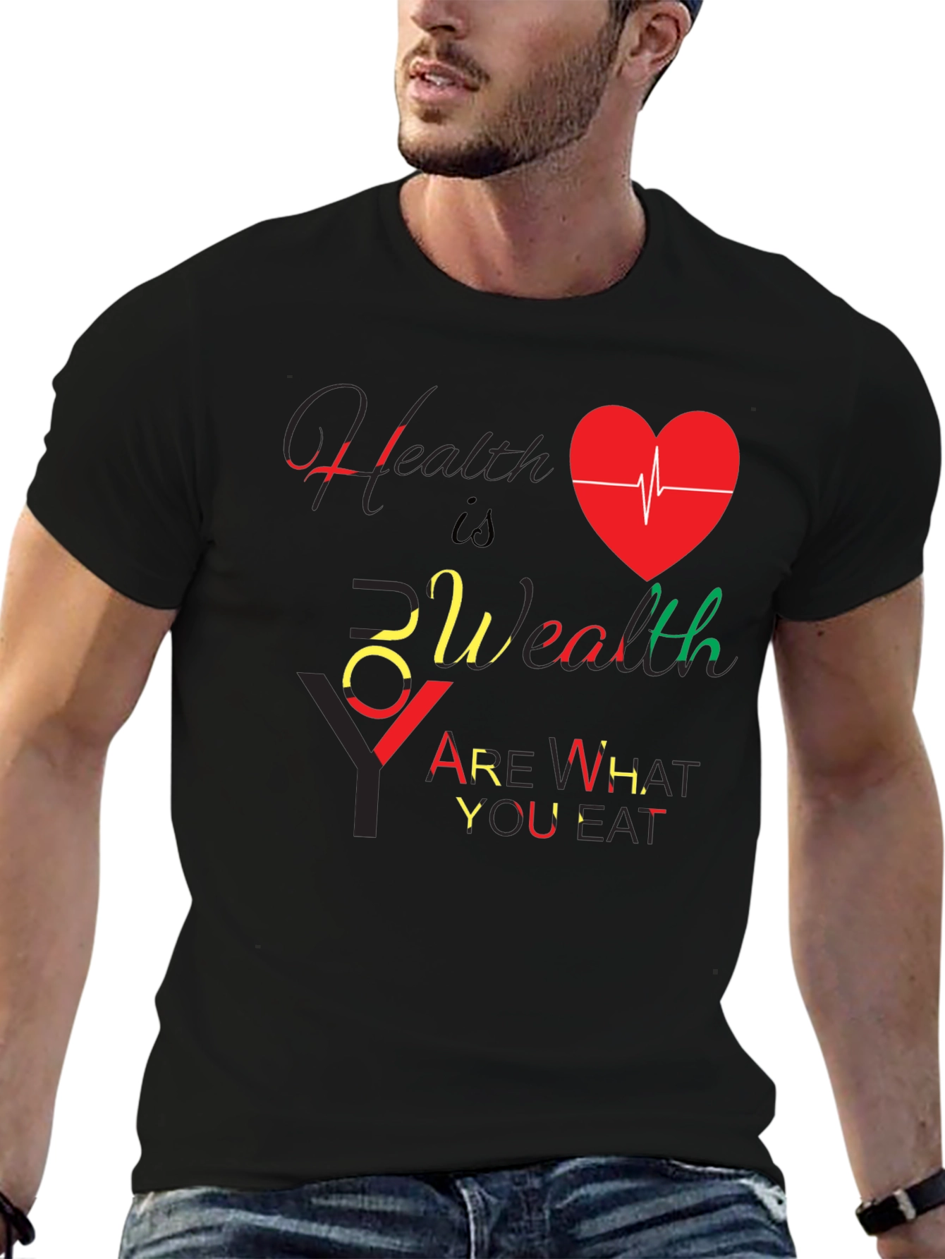 Health Is Wealth Black Graphic T-Shirt
