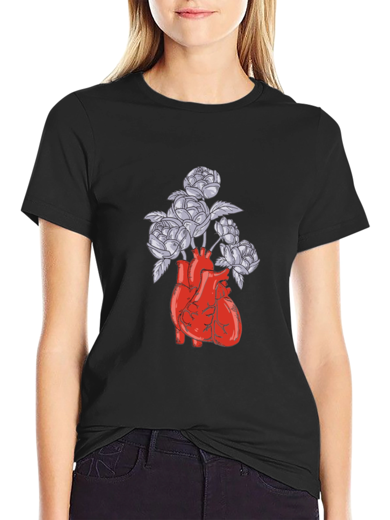 Anatomical Heart and Flowers Graphic T-Shirt