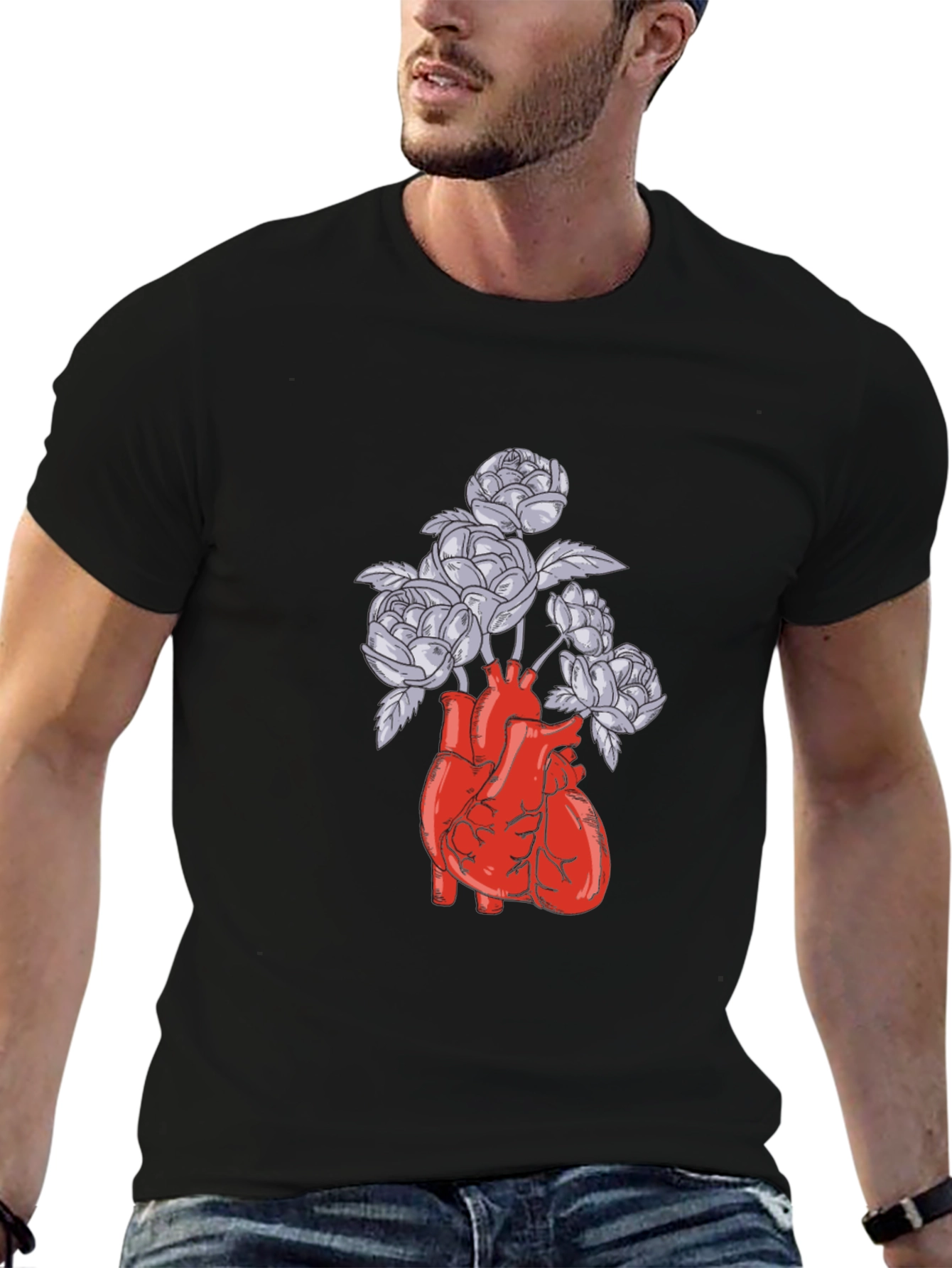 Anatomical Heart and Flowers Graphic T-Shirt