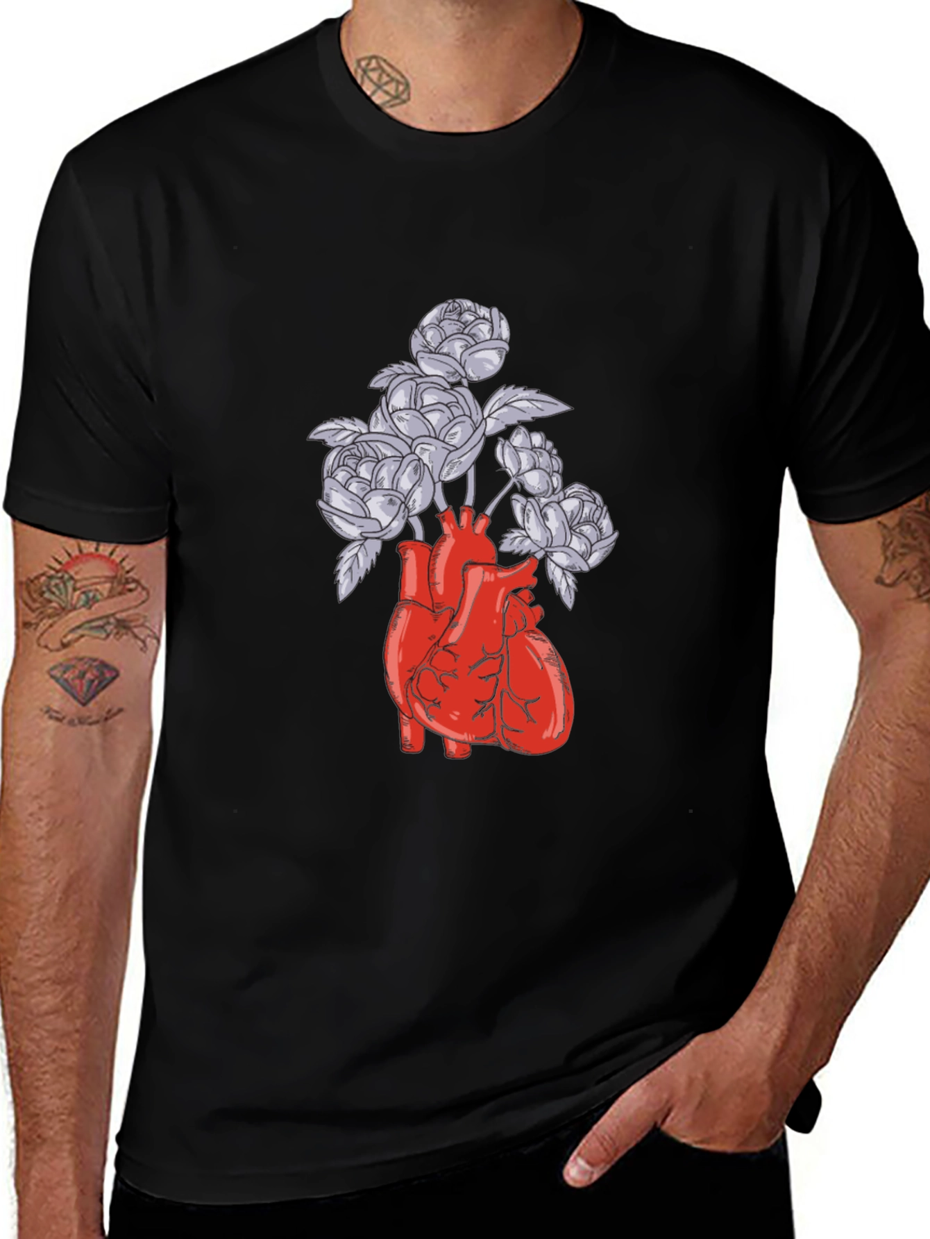 Anatomical Heart and Flowers Graphic T-Shirt