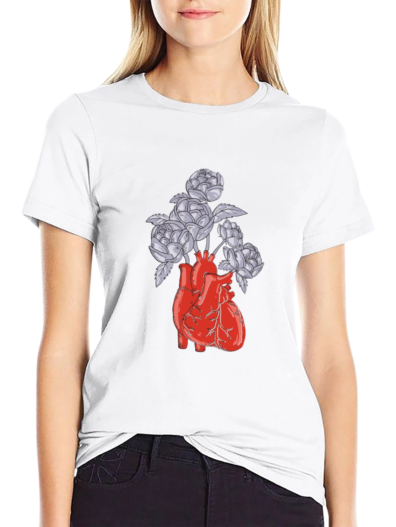 Anatomical Heart and Flowers Graphic T-Shirt