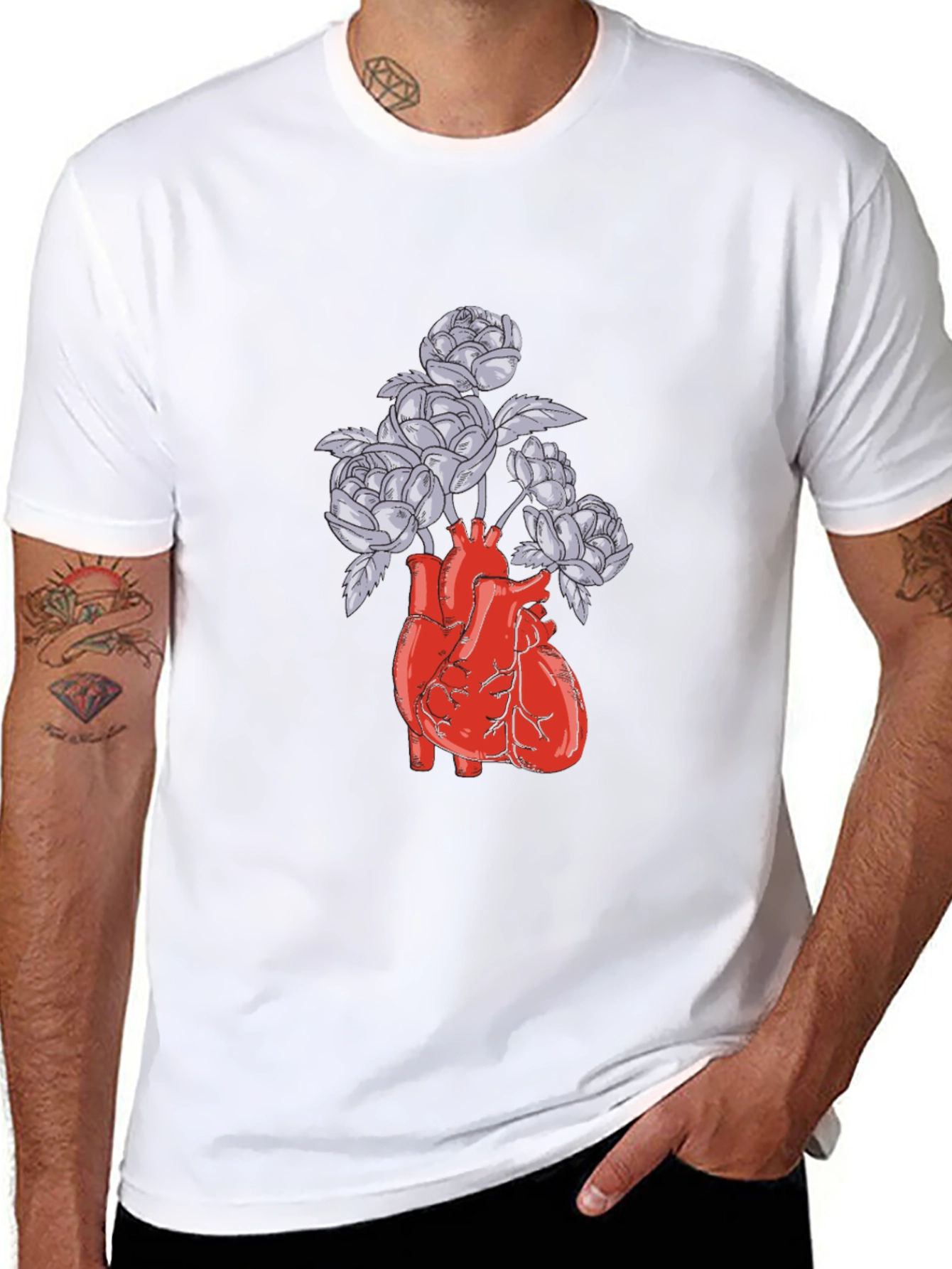 Anatomical Heart and Flowers Graphic T-Shirt