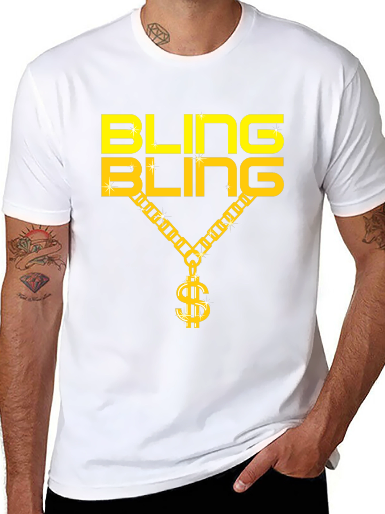 Bling Bling Gold Chain Dollar Sign Black T-Shirt