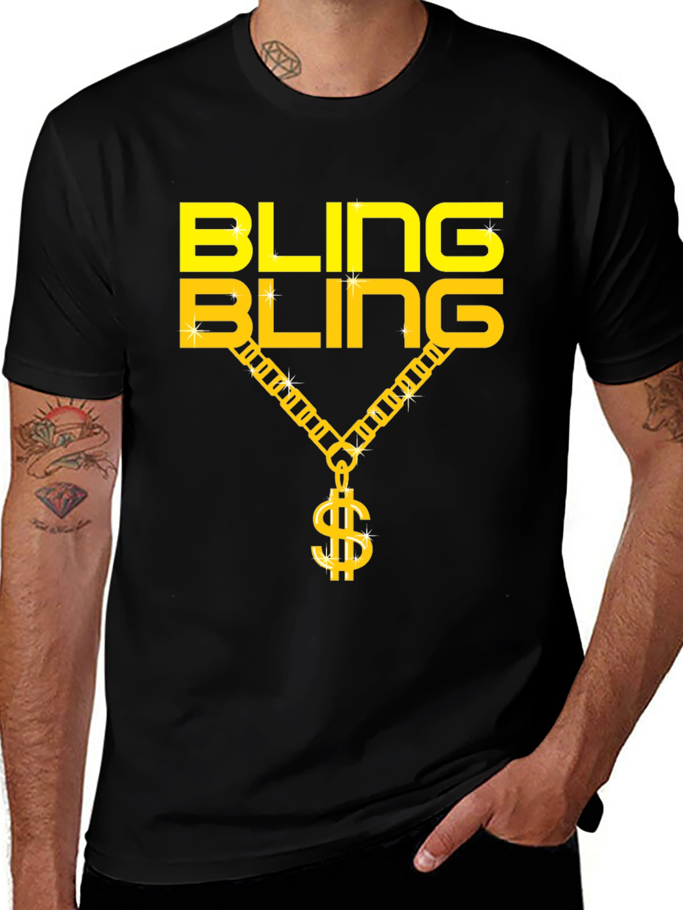 Bling Bling Gold Chain Dollar Sign Black T-Shirt