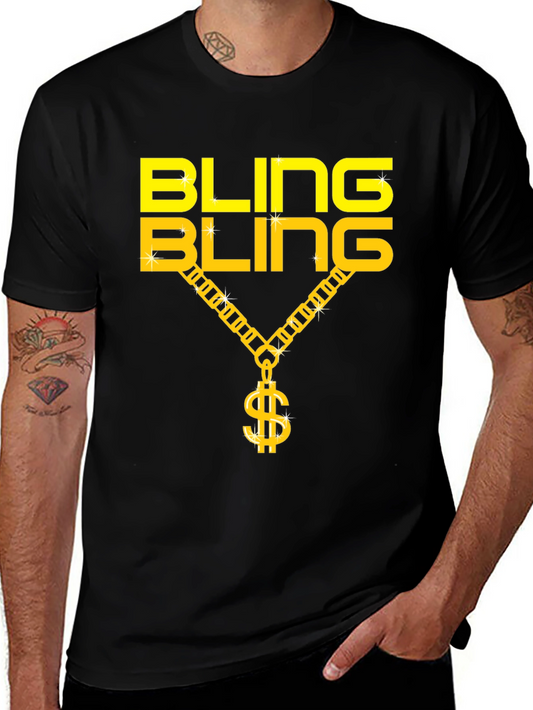 Bling Bling Gold Chain Dollar Sign Black T-Shirt