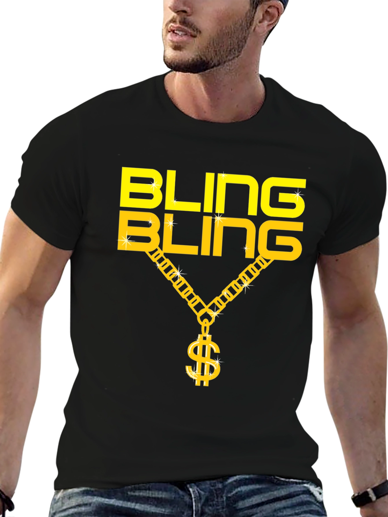 Bling Bling Gold Chain Dollar Sign Black T-Shirt