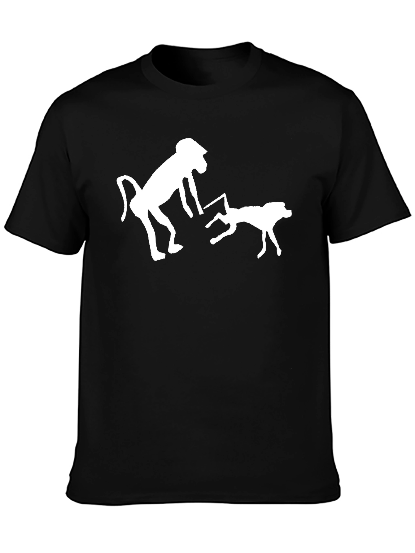 Novelty Black T-Shirt with Monkey & Dog Graphic
