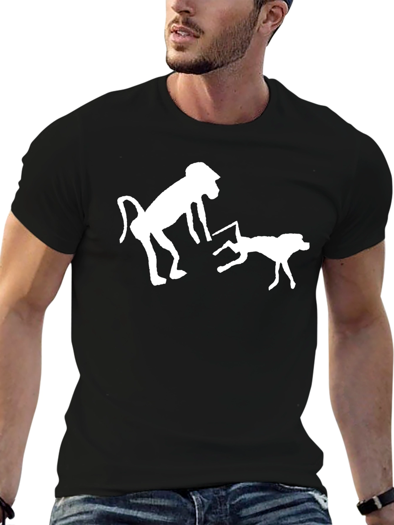 Novelty Black T-Shirt with Monkey & Dog Graphic