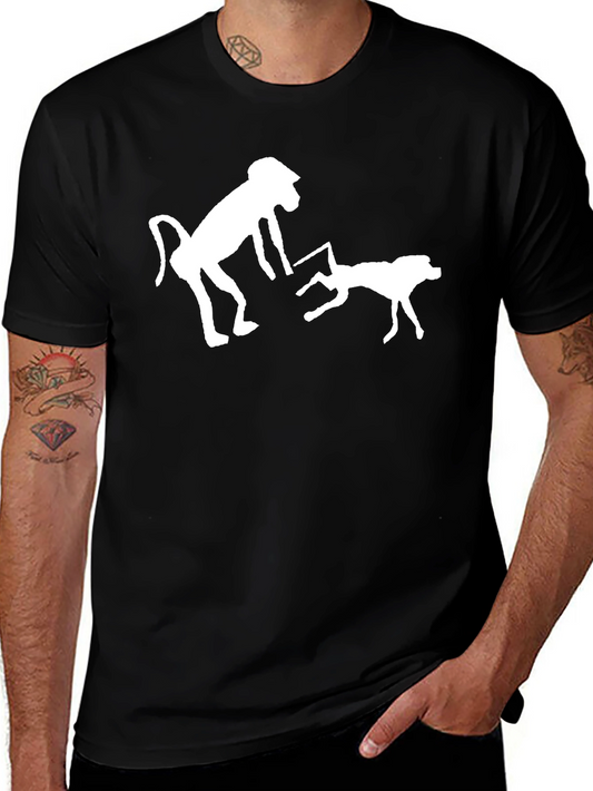 Novelty Black T-Shirt with Monkey & Dog Graphic