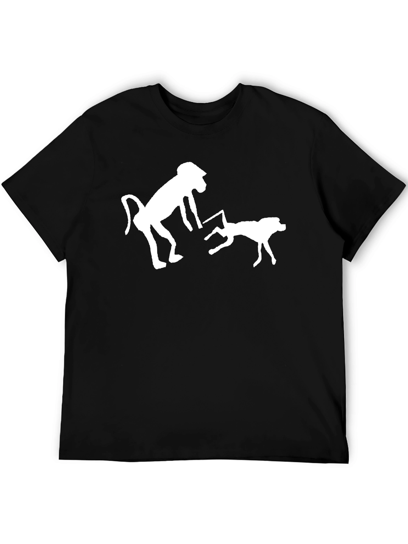 Novelty Black T-Shirt with Monkey & Dog Graphic
