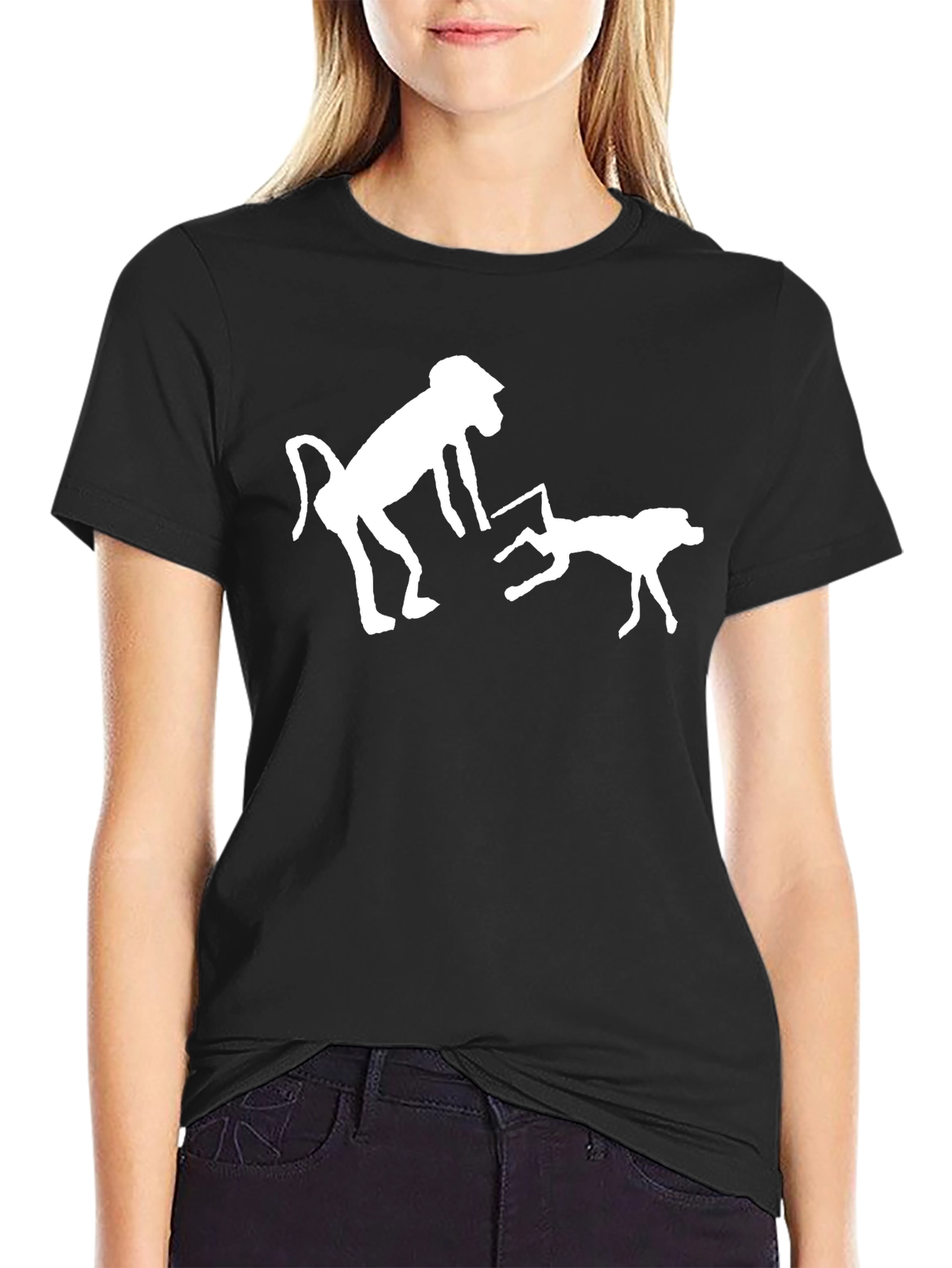 Novelty Black T-Shirt with Monkey & Dog Graphic