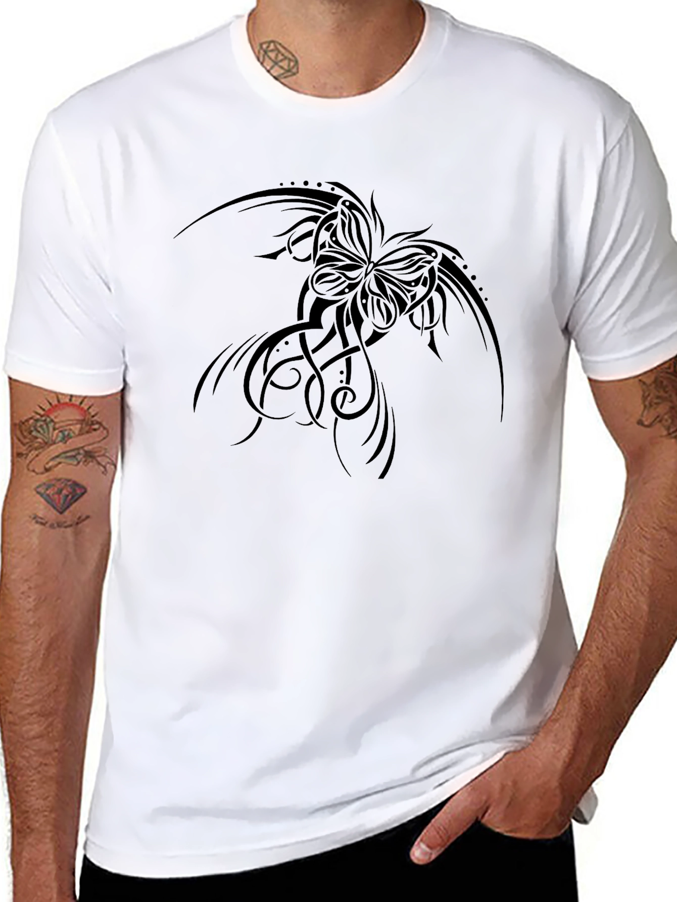 Black Graphic Tee: Butterfly Tribal Design Soft Cotton