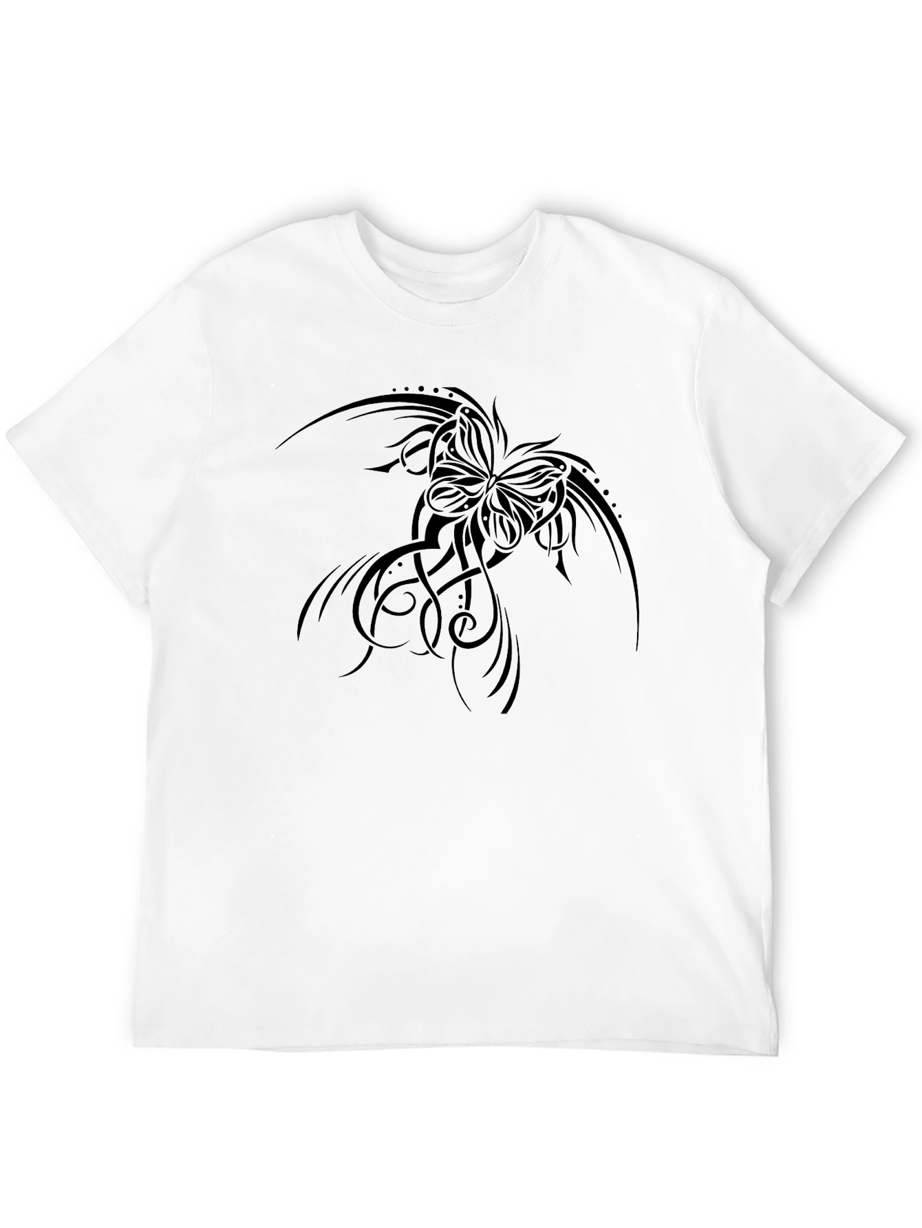 Black Graphic Tee: Butterfly Tribal Design Soft Cotton