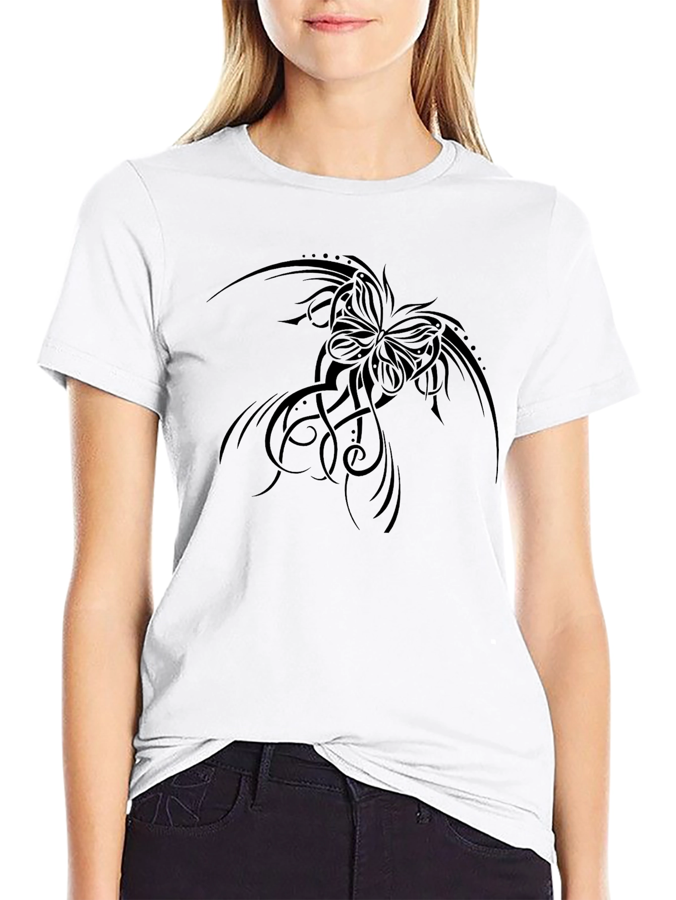 Black Graphic Tee: Butterfly Tribal Design Soft Cotton