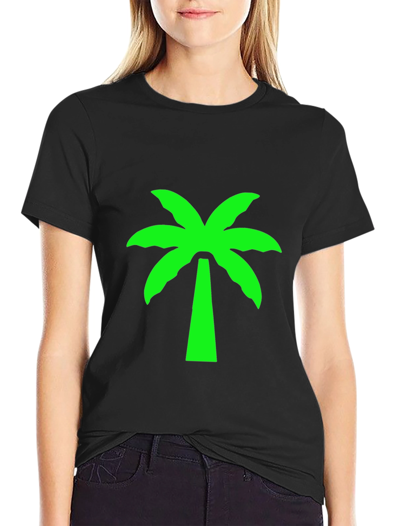 Black T-Shirt with Neon Green Palm Tree Graphic