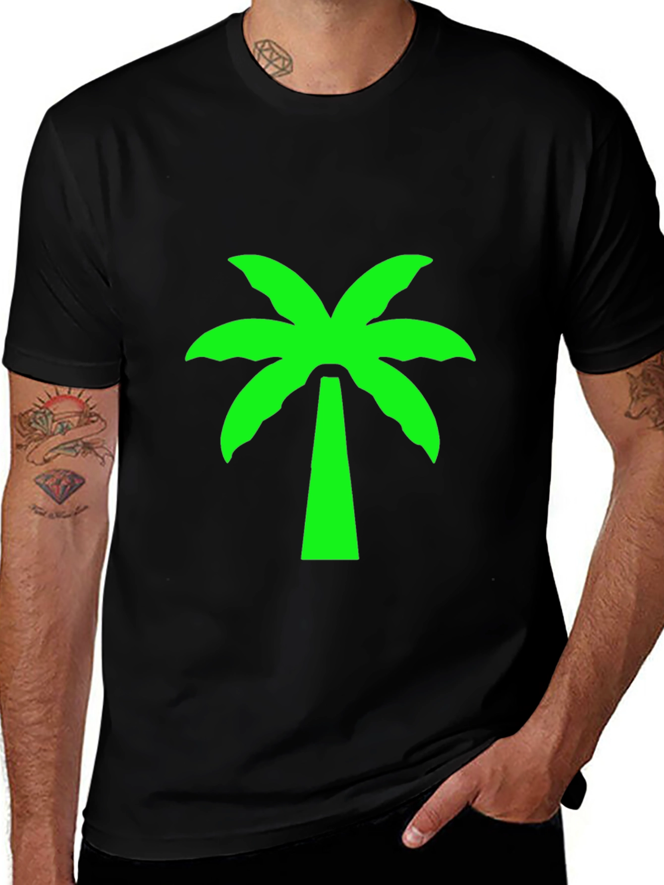 Black T-Shirt with Neon Green Palm Tree Graphic