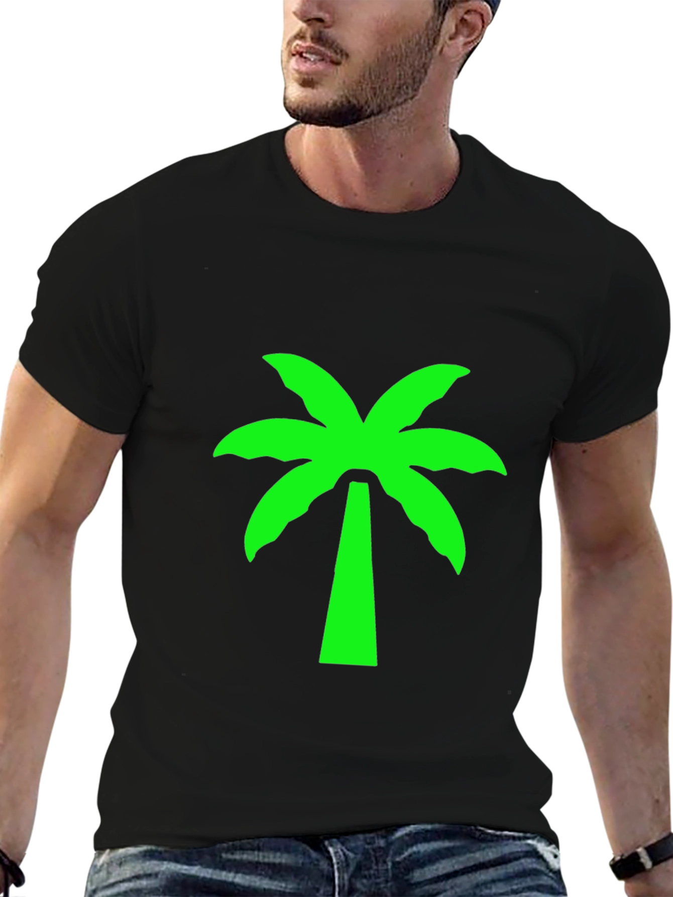 Black T-Shirt with Neon Green Palm Tree Graphic